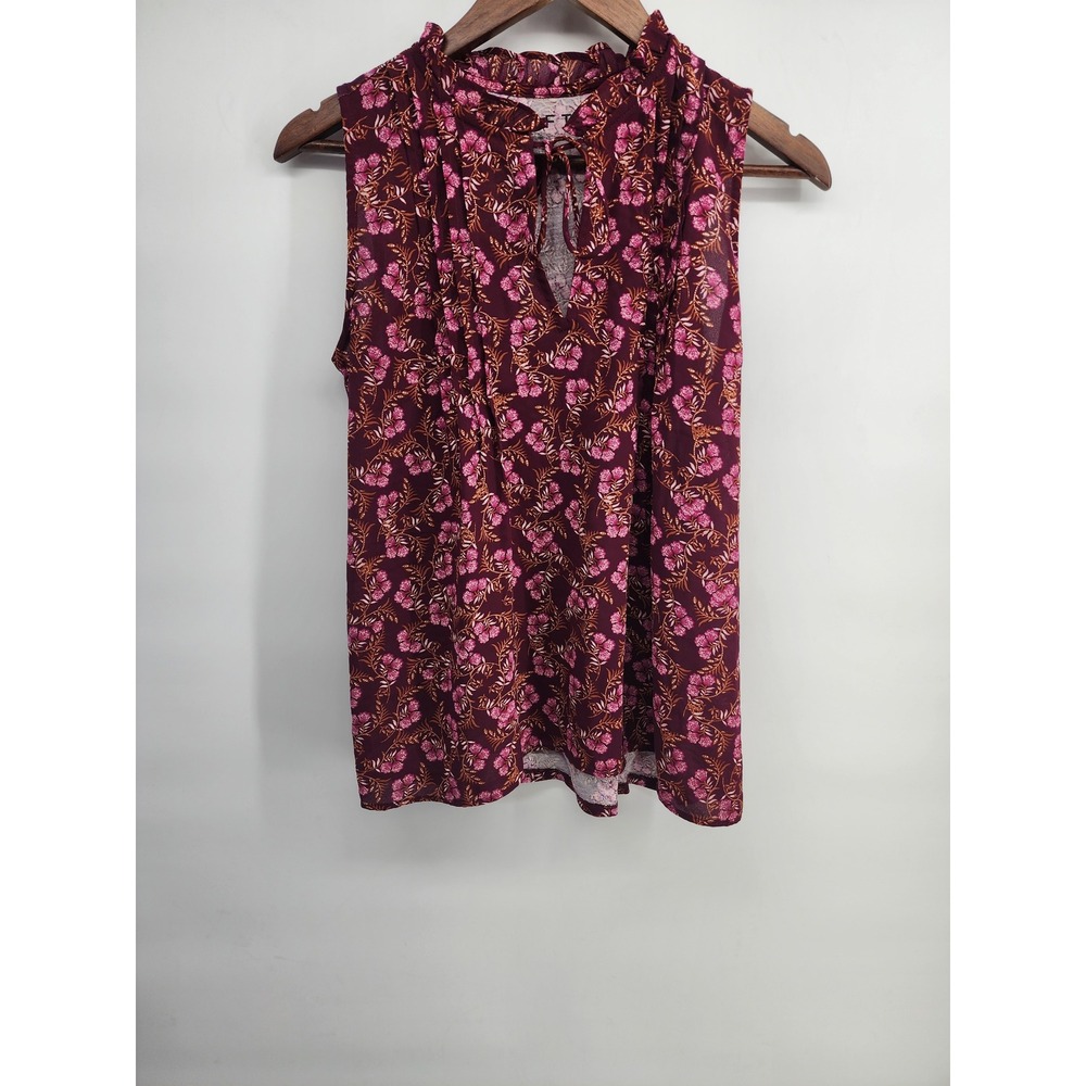 LOFT Womens Small Maroon Pink Floral Ruffle Neck‎ Keyhole Sleeveless Shell Top